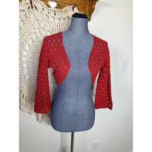 Vintage Y2K Xhilaration Red Cotton Crochet Cropped Bolero Shrug Cardigan XL